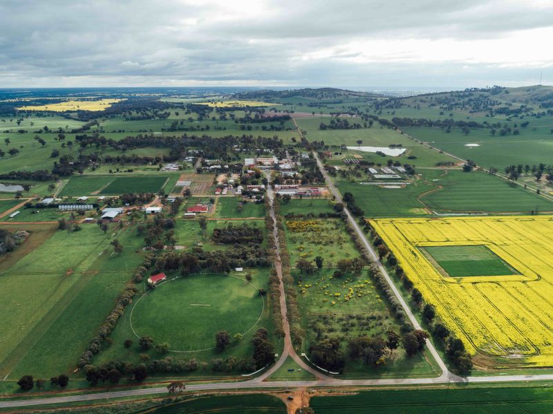 drone shot of a green field at Dookie campus